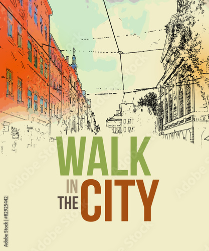 Walking in the city. Poster template. Vector illustration