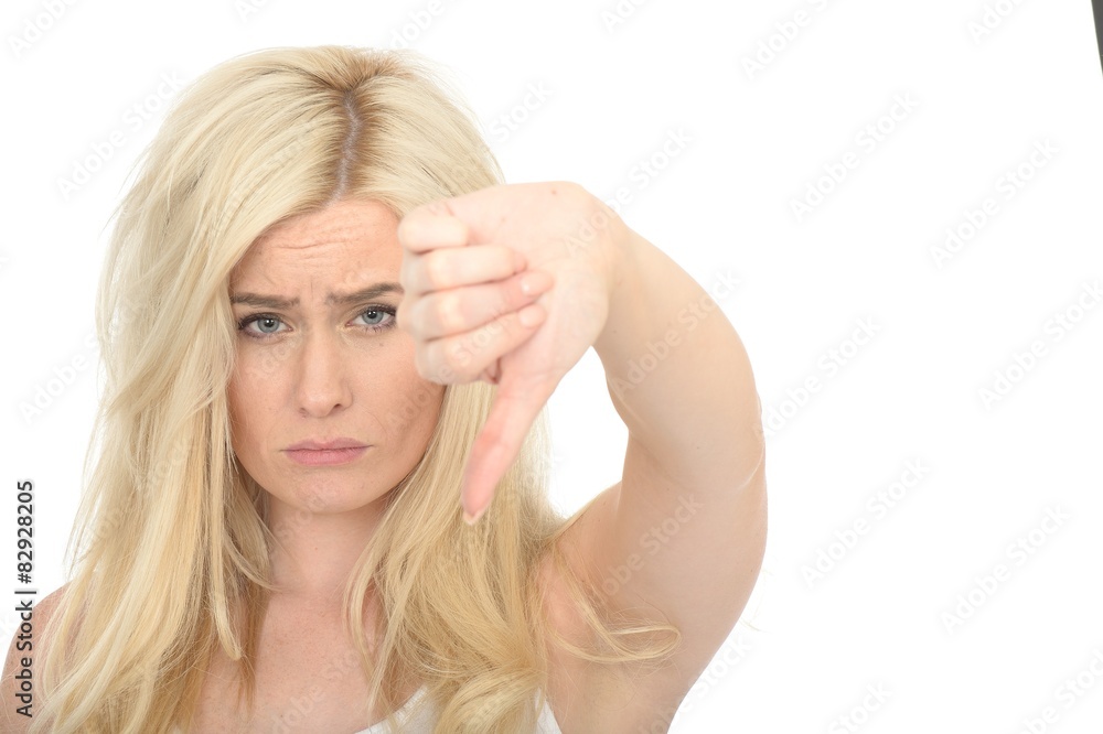 Sad Unhappy Young Woman Looking Giving a Thumbs Down Hand Sign Sad Unhappy Young Woman Looking Giving a Thumbs Down Hand Sign
