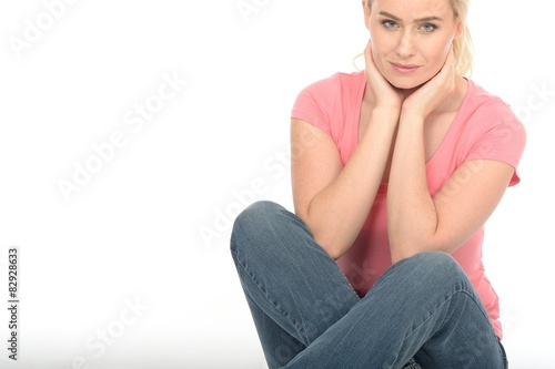 Happy Thoughtful Young Woman Sitting on the Floor Relaxing 