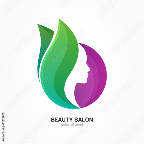 Woman's face in purple circle shape with green flower leaves. Ve