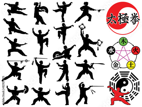 Tai Chi Chuan symbols and silhouettes vector collection Stock Vector