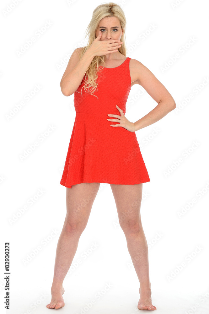 Young Blonde Haired Woman Wearing a Short Red Mini Dress Young Blonde Haired Woman Wearing a Short Red Mini Dress