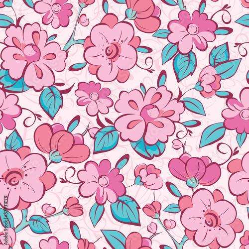 Vector pink blue kimono flowers seamless pattern background