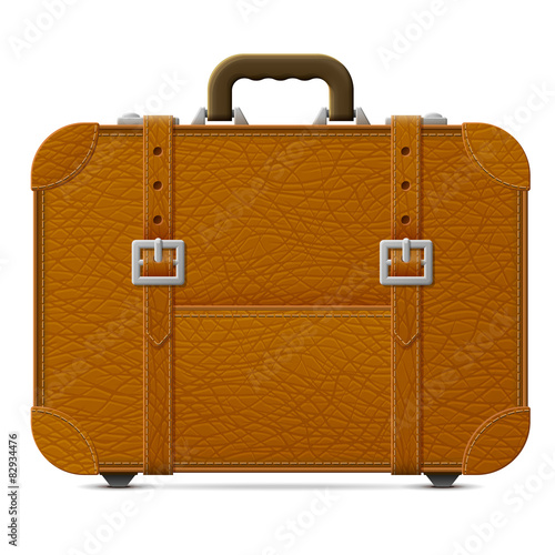 Leather suitcase, front view. Brown travel bag with belts