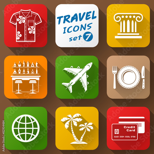 Flat icons set of travel elements. Tourism and vacation signs