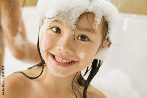 Asian girl in bubble bath