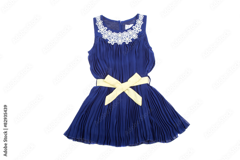 Blue children dress with wellow ribbon, isolated on white