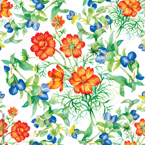 Wild flowers seamless pattern on white background