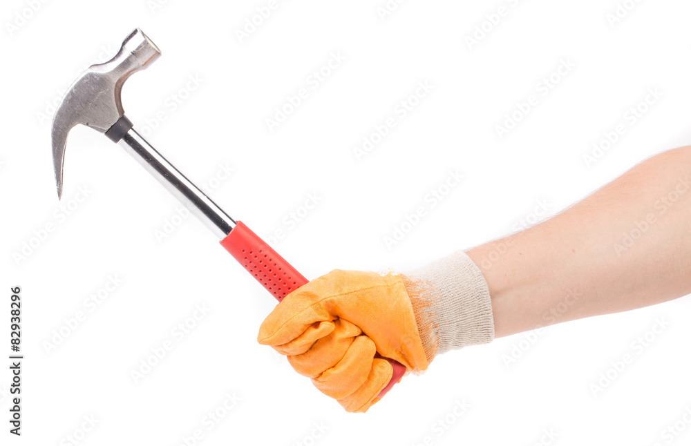 Man's hand in glove holding hammer. Man's hand in glove holding hammer.