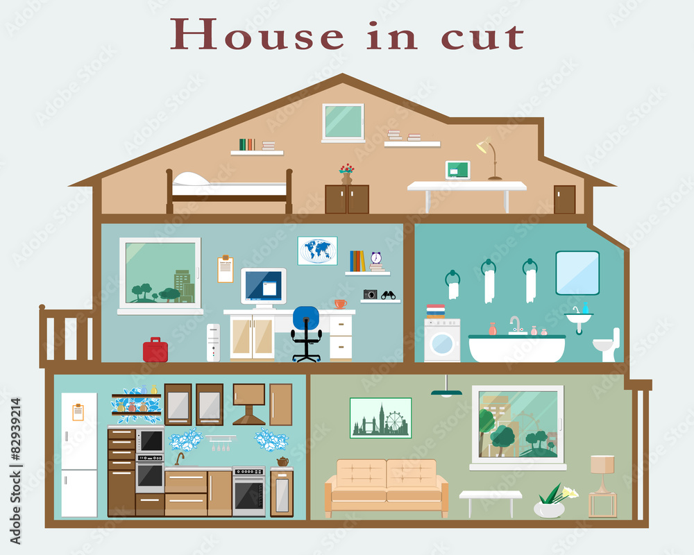 House in cut. Detailed flat style interior