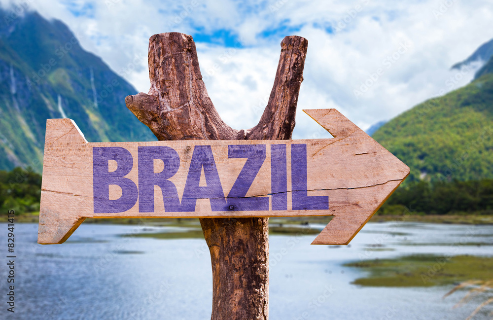 Brazil wooden sign with mountains background