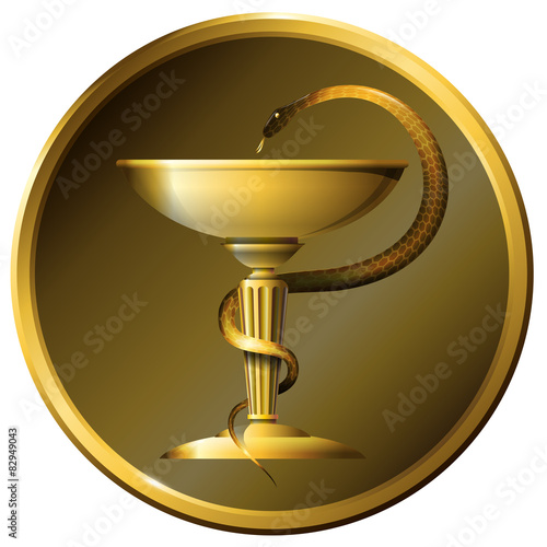 Medicine snake symbol. Metal gold or bronze.