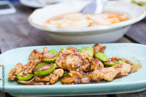 Stir pork parkia with shrimp paste ,Pad Sator Moo Kapi