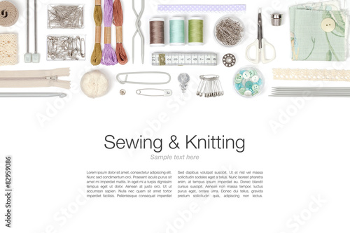 sewing and knitting on white background