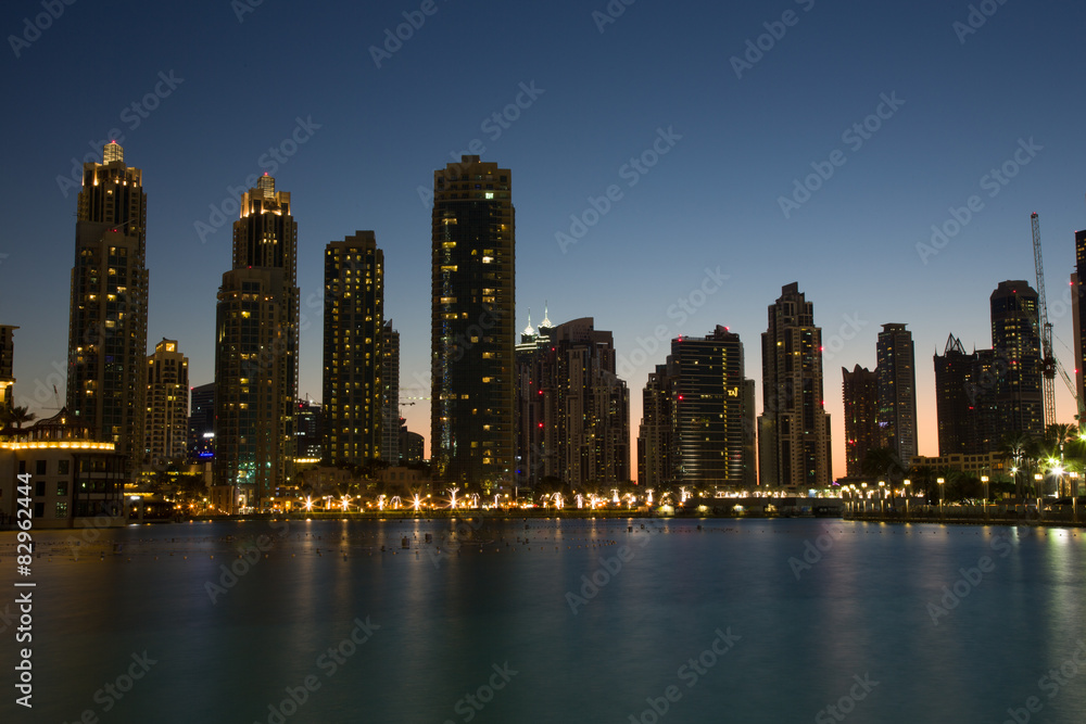 Dubai Mall pool lights of buildings at night