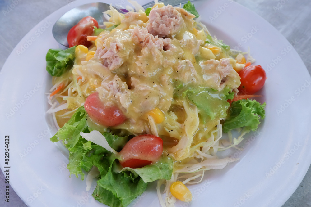 Tuna salad dish healthy food - soft focus point Tuna salad dish healthy food - soft focus point