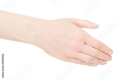 Woman empty hand back isolated on white, clipping path