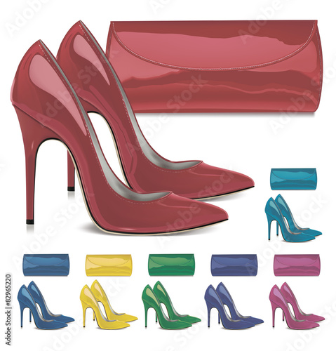 Pairs of female shoes and mini bags. Vector illustration 