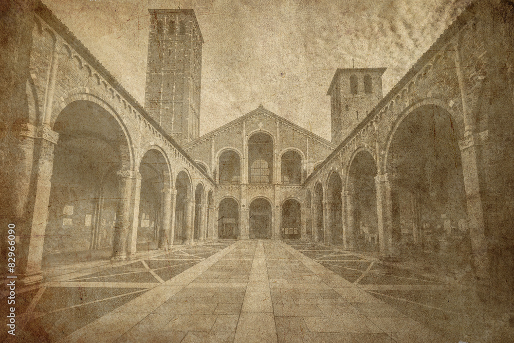 Saint Ambrogio Basilica Milan Italy old postcard style