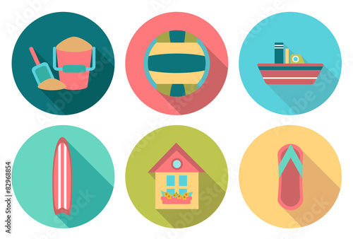 Set of flat round summer icons with shadow