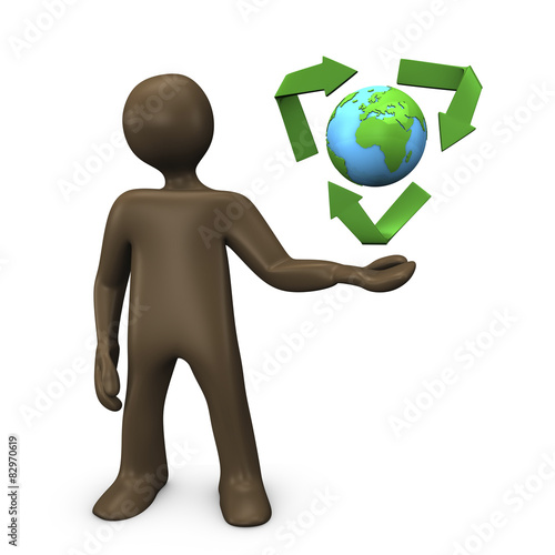 Comicfigur mit Recyclingsymbol und Globus, 3d Illustration photo