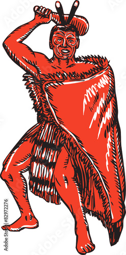 Maori Chief Warrior Holding Patu Etching