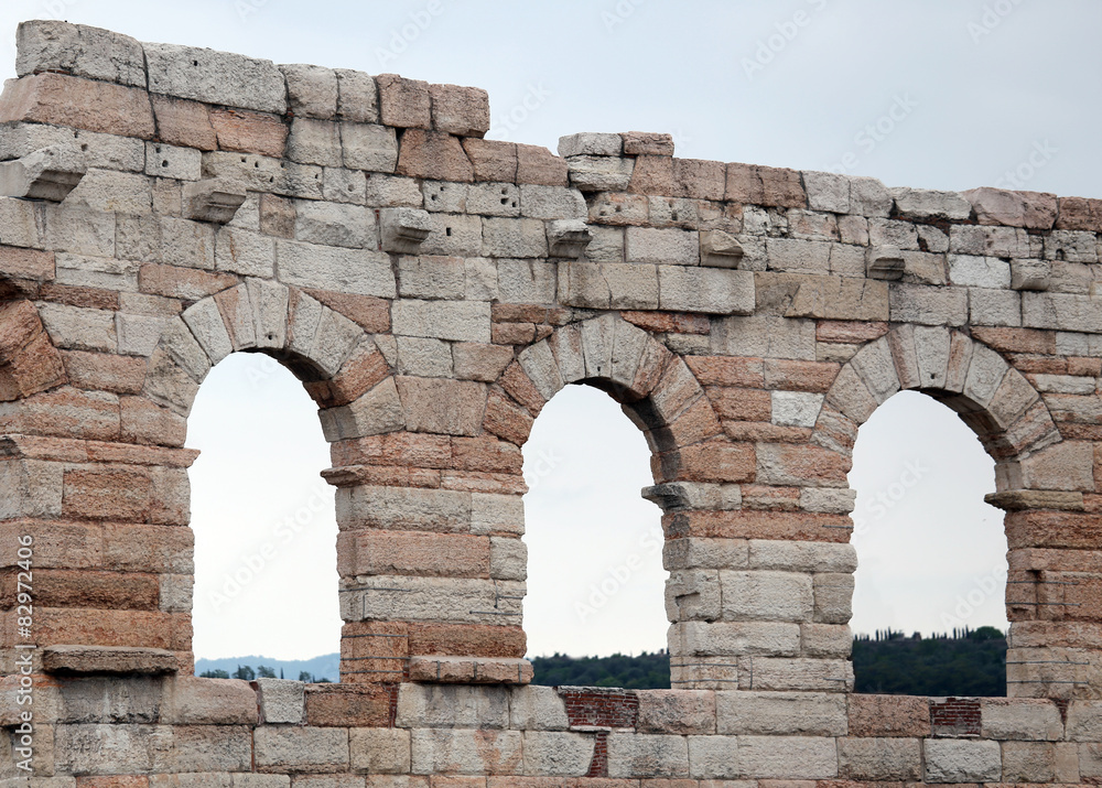 detail of Roman arches in the Arena in Verona City Italy