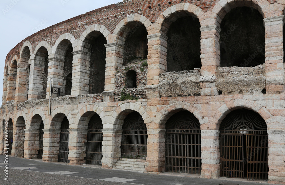 exterior walls of the ancient Roman Arena in Verona city