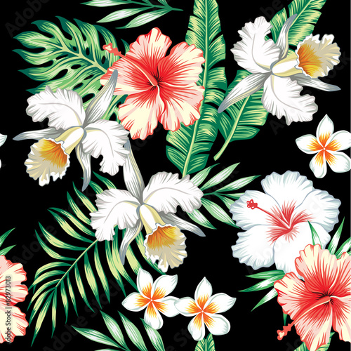 hibiscus and orchids seamless background