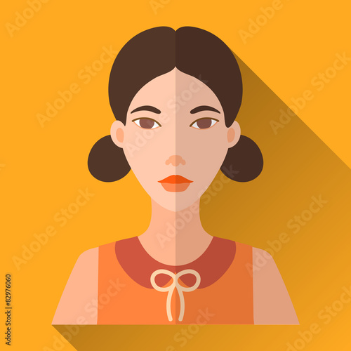 Young asian woman with two bobtails, square flat icon photo
