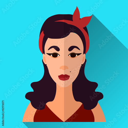 Hot pin up woman with retro hairstyle, square flat icon © Ksenia