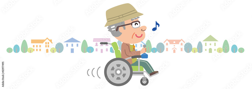 Obraz premium 電動車椅子 高齢者 おじいさん 家並み