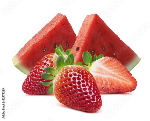 Watermelon slices and strawberry isolated on white background