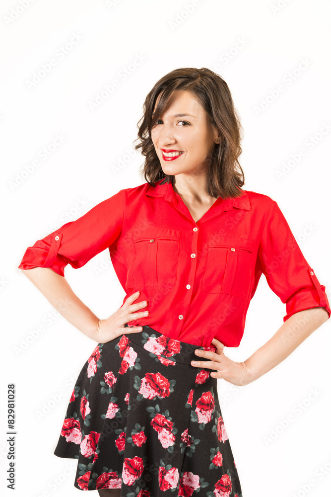 Expressive portrait of a brunette girl in studio on white Expressive portrait of a brunette girl in studio on white