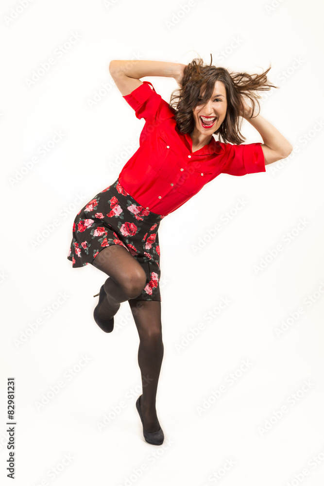 Expressive portrait of a brunette girl in studio on white Expressive portrait of a brunette girl in studio on white