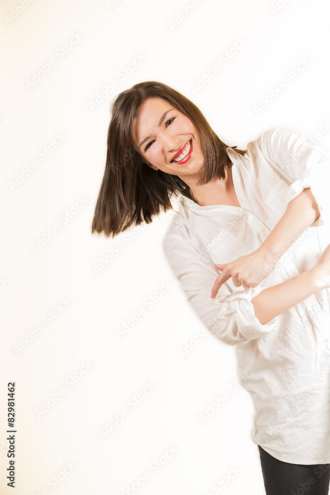 Expressive portrait of a brunette girl in studio on white Expressive portrait of a brunette girl in studio on white