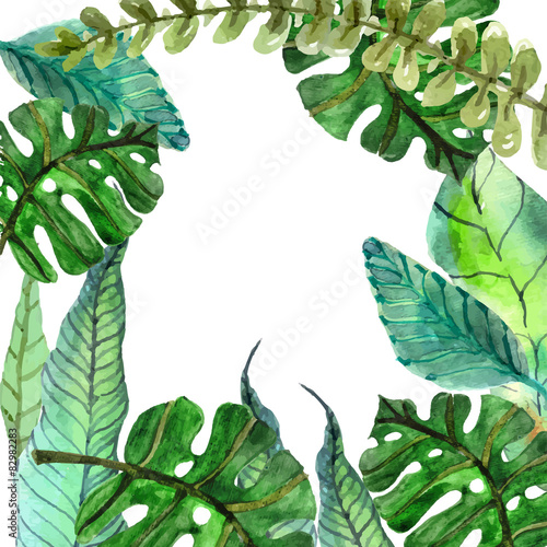 Watercolor Floral background with Tropical leaves