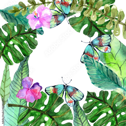 Watercolor Floral background with Tropical orchid flowers  leave
