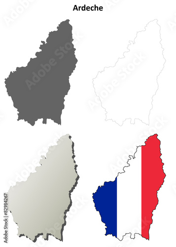 Ardeche (Rhone-Alpes) outline map set photo