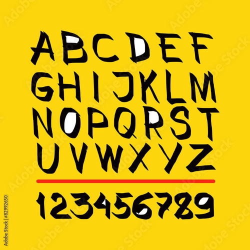 alphabet. hand drawn in vector on yellow background