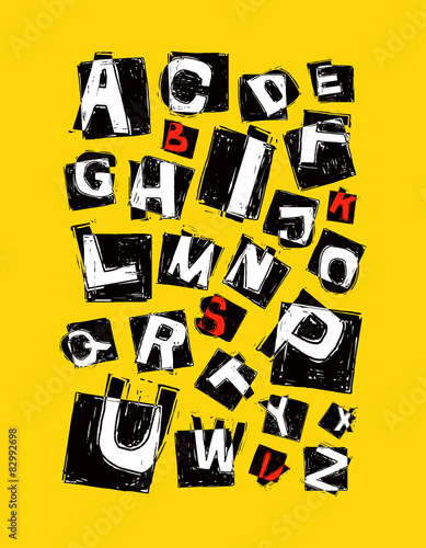 alphabet. hand drawn in vector on yellow background