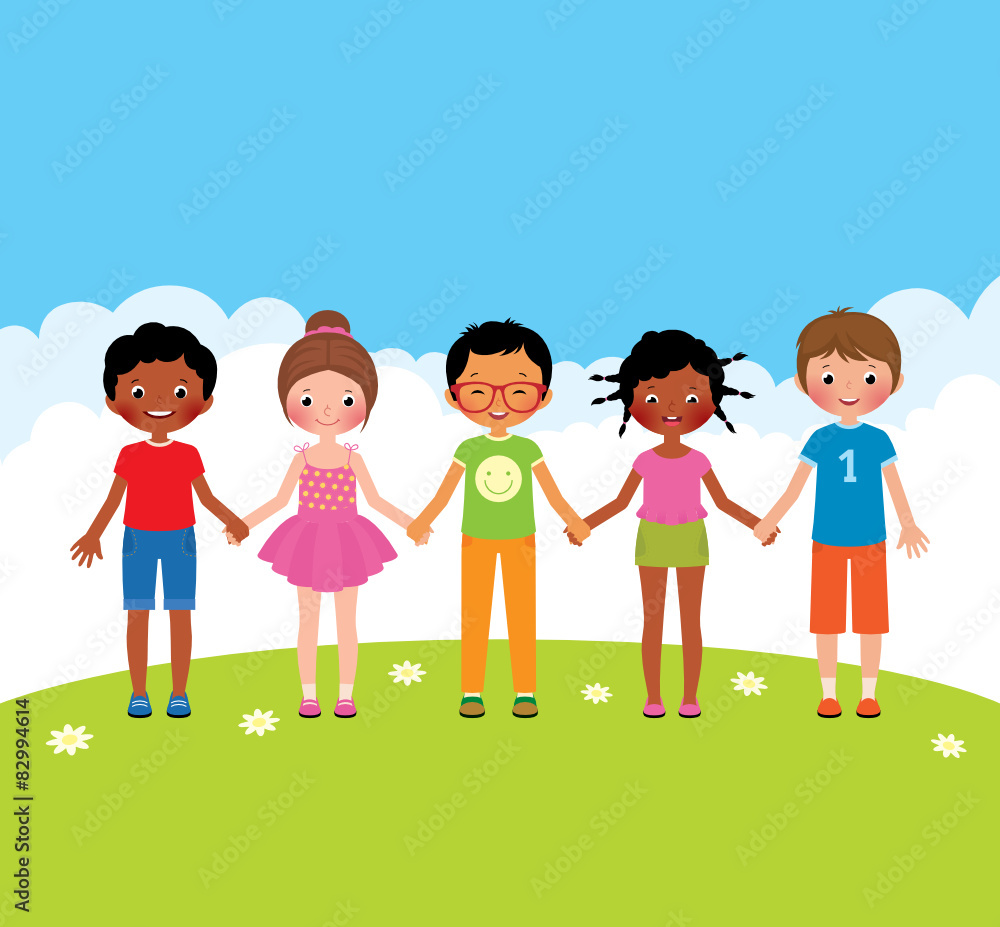 Vector cartoon group of children boys and girls holding hands