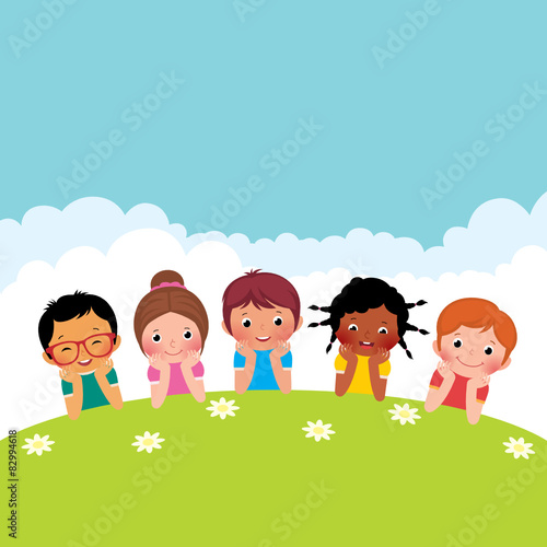 Vector of a group children boys and girls lying on the grass