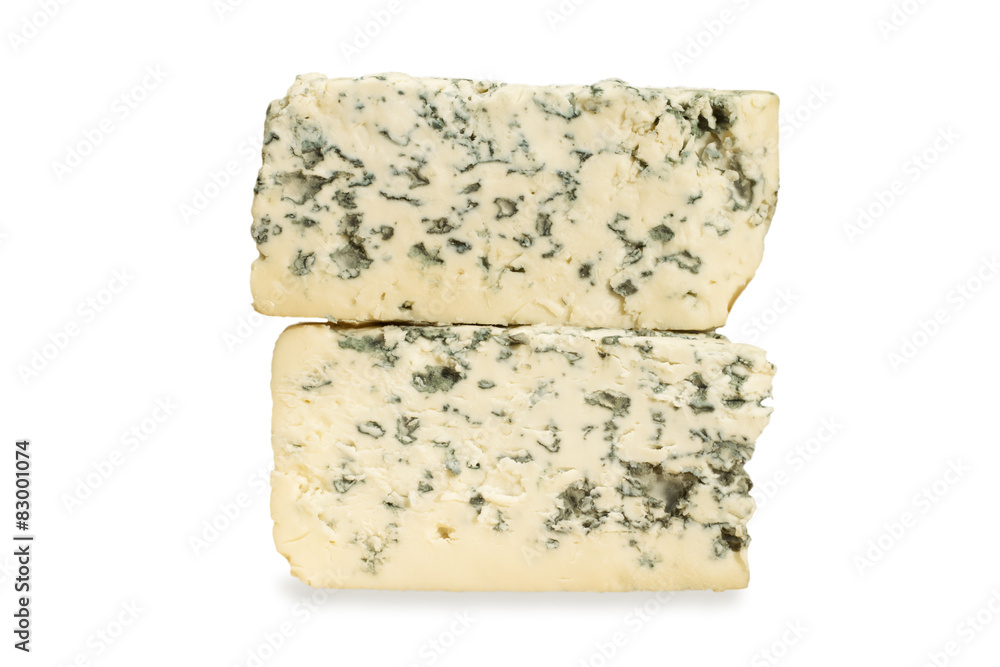 piece of blue cheese on white background