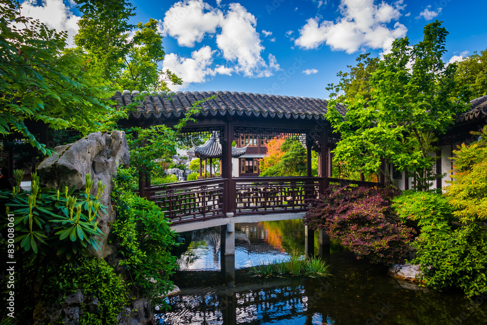 Bridge over a pond at the Lan Su Chinese Garden in Portland, Ore Bridge over a pond at the Lan Su Chinese Garden in Portland, Ore