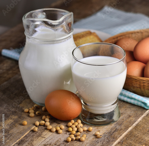 eggs soybeans and milk on wooden
