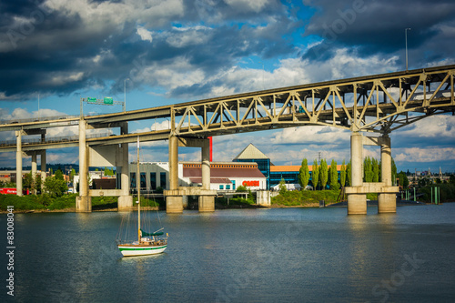 Boat in the Williamette River and the Marquam Bridge, in Portlan photo