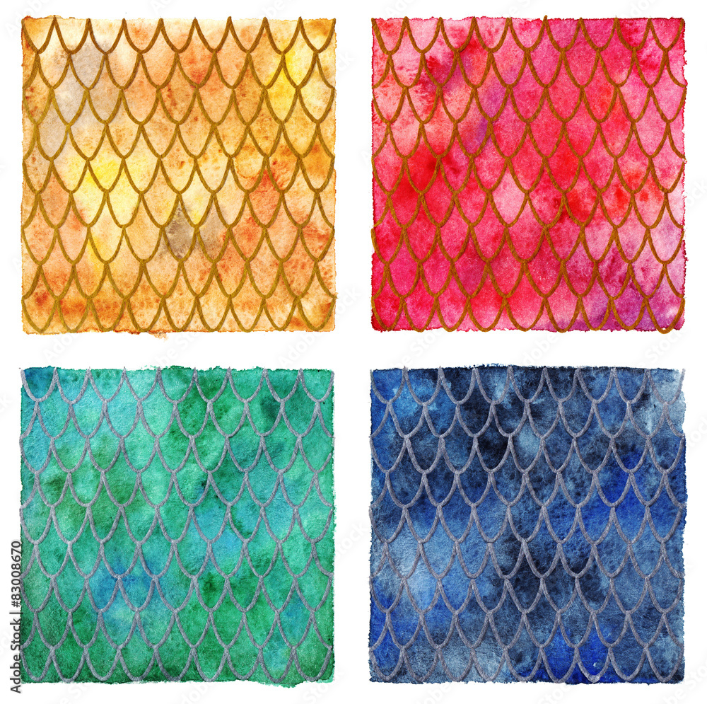 Naklejka premium Dragon skin scales pattern texture background four colors set