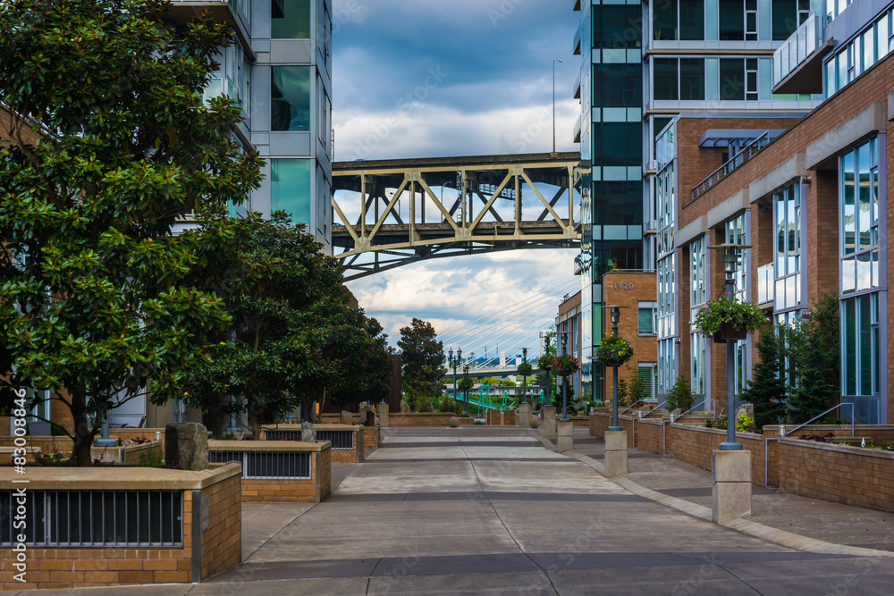 Walkway and buildings at the waterfront, in Portland, Oregon. Walkway and buildings at the waterfront, in Portland, Oregon.