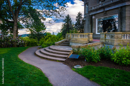 Walkway and the Pittock Mansion, at Pittock Acres Park, in Portl